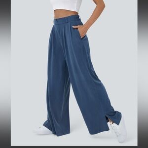 High waisted button zipper plicated side pocket split hem wide leg casual pants
